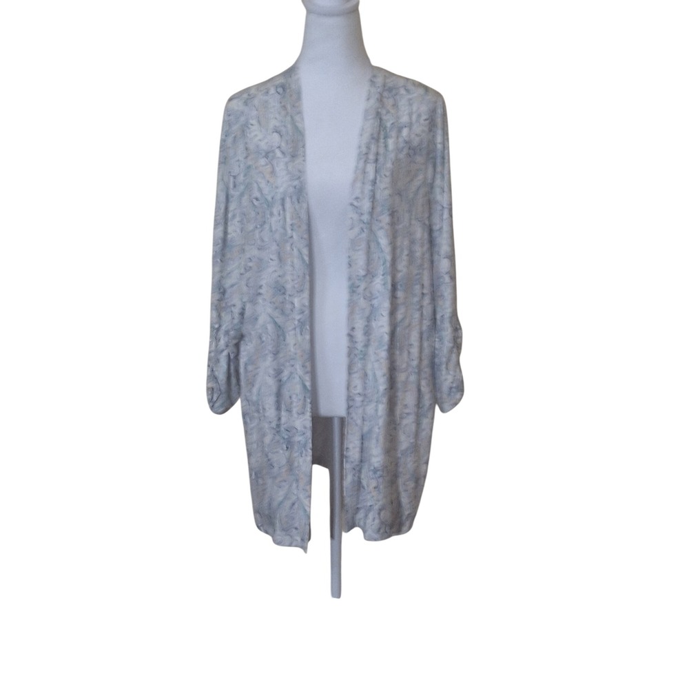 Paisley Ruched Sleeve Open Front Cardigan Blue Green Women's Plus Size 22/24